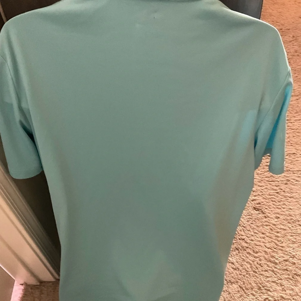 Men’s used Adidas Clima Cool size L Large polo shirt green blue striped